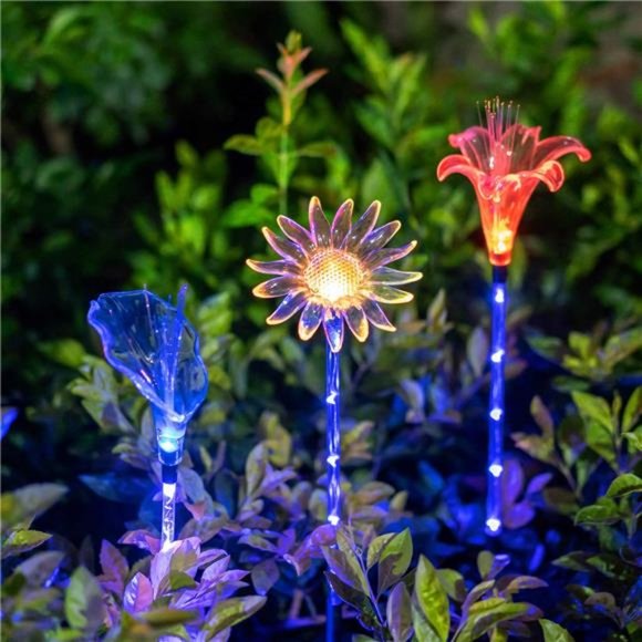 Solar Garden Stake Lights - Set of 3 Decorative Multi-Color Changing LED Flower - Picture 1 of 7
